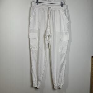 MAGASCHONI Women’s 100% Linen Cargo Jogger Pants Size Large Drawstring Pockets